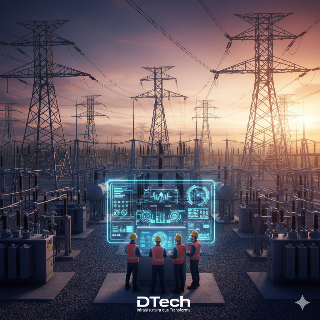 Equipe de manutenção em subestação elétrica